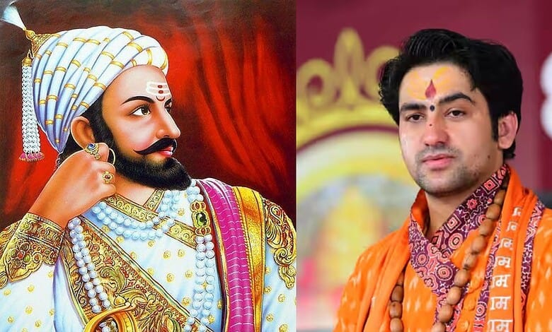 Portrait of Chhatrapati Shivaji and Dhirendra Shastri during a public event.