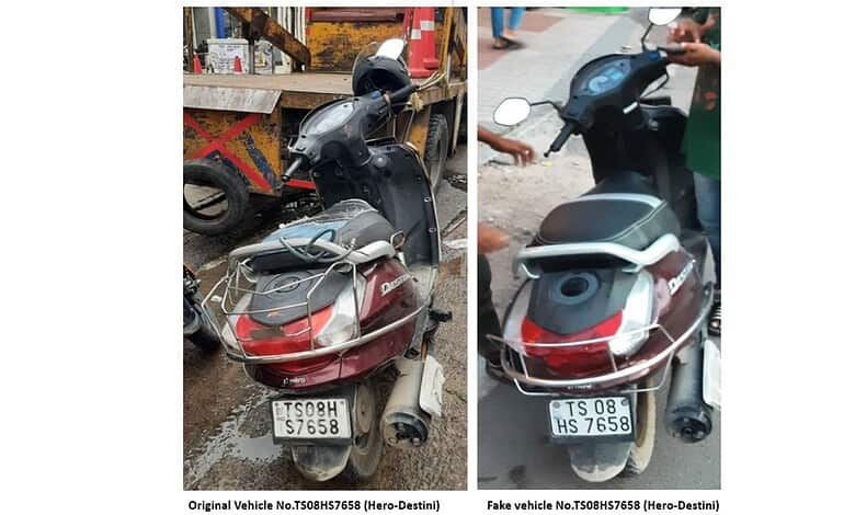 Side-by-side comparison of authentic and counterfeit scooters showing differences in design and features.
