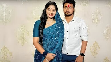 Sonam Raghuvanshi with a man, both smiling, in a casual setting.
