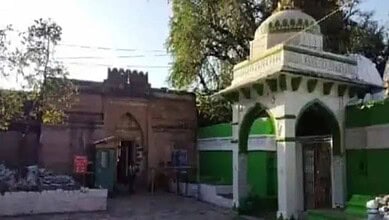 Historic Bhojshala site with mosque structure and surrounding walls in Madhya Pradesh, linked to Bhojshala dispute.
