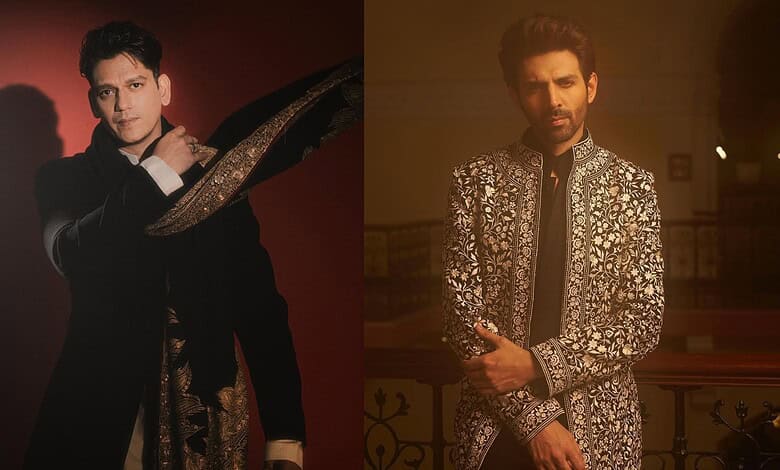 Vijay Varma poses in a fashionable black and gold outfit, highlighting his style for a celebrity photosho.