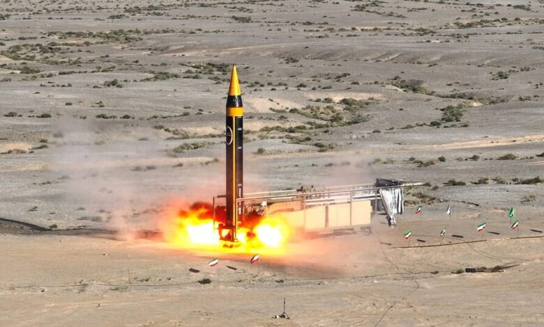 A new surface-to-surface 4th generation Khorramshahr ballistic missile called Khaibar with a range of 2,000 km is launched at an undisclosed location in Iran, in this picture obtained on May 25, 2023. Photo: Iran's Ministry of Defence/WANA