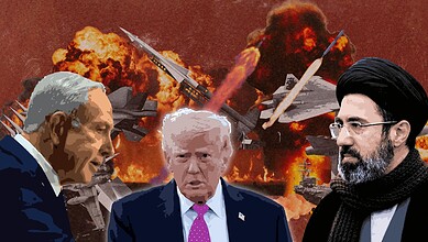 Explosion and missile imagery with political figures in the foreground.