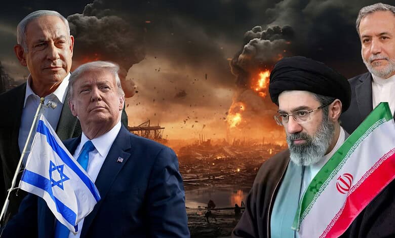 US and Iranian officials with flags, against a backdrop of explosions and smoke.