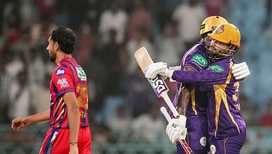Kolkata Knight Riders players celebrate Narine’s winning Super Over after a tied match against Lucknow Su.