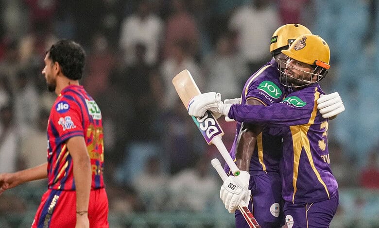 Kolkata Knight Riders players celebrate Narine’s winning Super Over after a tied match against Lucknow Su.