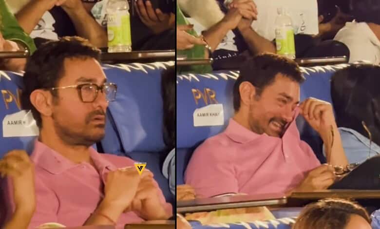 Aamir Khan appears emotional during his son Junaid's film event, showing a heartfelt moment.