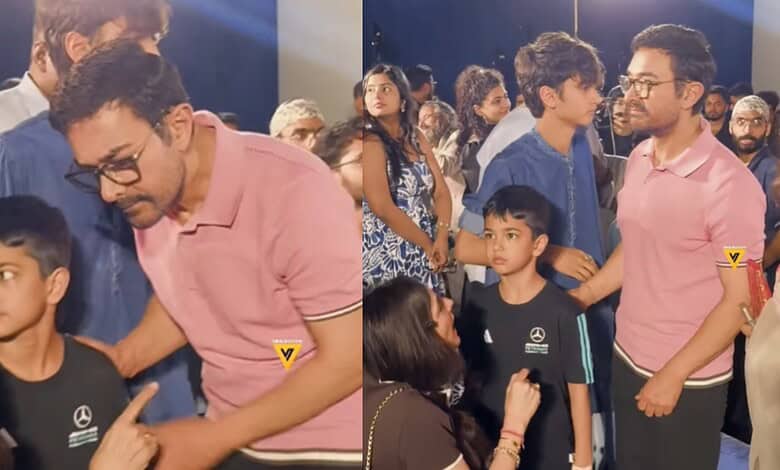 Aamir Khan's girlfriend Gauri Spratt's son making a rare appearance at a public event, surrounded by fans.