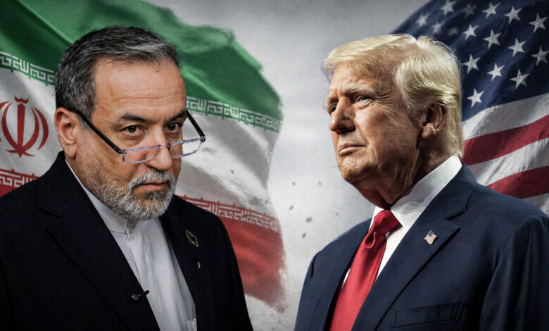 Iran’s Foreign Minister Abbas Araghchi and US President Donald Trump shown in a split-image graphic with Iranian and US flags in the background.