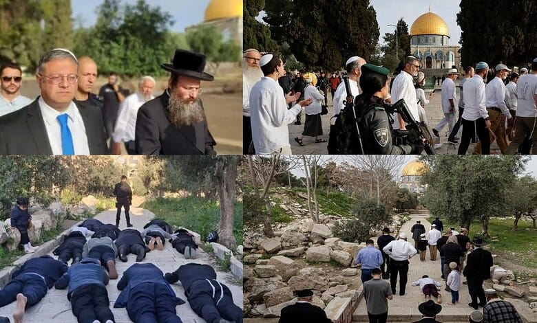 Protesters and officials gather during Al-Aqsa tensions, with security and media present amid regional wa.