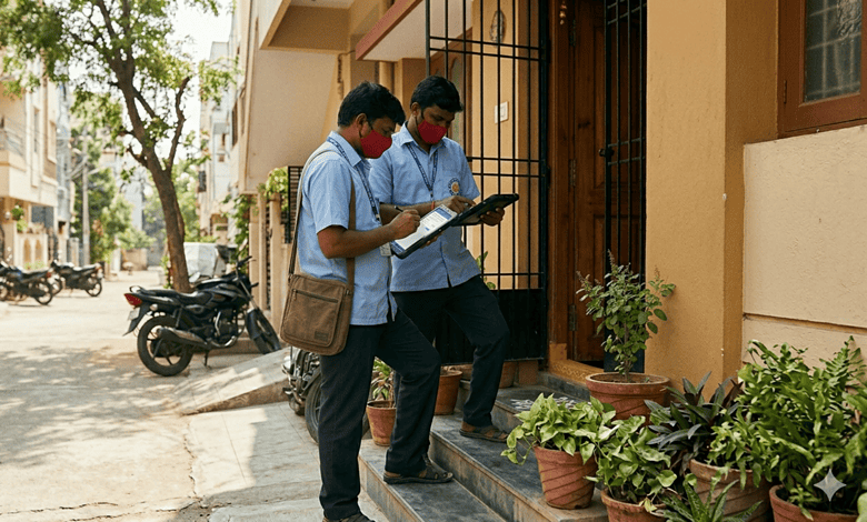 Students conducting census survey outside a house in Hyderabad, wearing masks and holding clipboards.