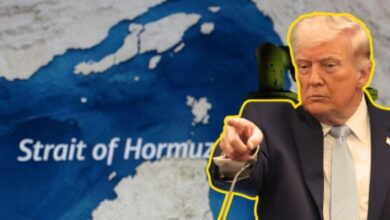US President Donald Trump gestures beside a map of the Strait of Hormuz.