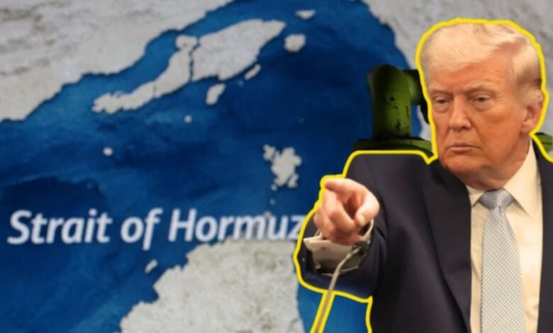 US President Donald Trump gestures beside a map of the Strait of Hormuz.