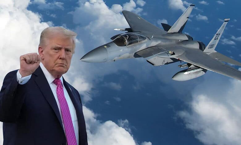 Former US President Donald Trump gesturing with a fighter jet in the background.
