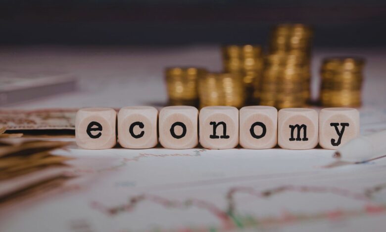 Image shows Wooden letter blocks spelling "economy" with stacked gold coins and financial charts in the background.