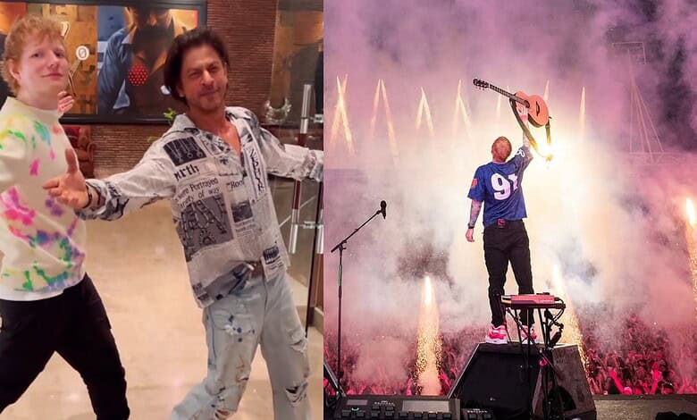 Shah Rukh Khan and Ed Sheeran performing together on stage during a concert.