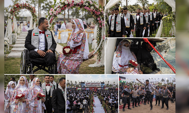 Palestinian couples marry in Gaza mass wedding, celebrating unity and tradition.