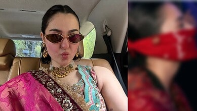 Hania Aamir in traditional attire with sunglasses, sharing a moment in a car.