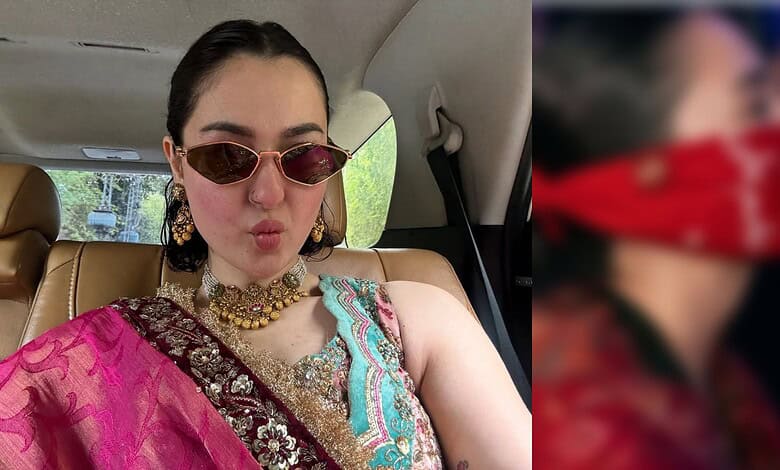 Hania Aamir in traditional attire with sunglasses, sharing a moment in a car.