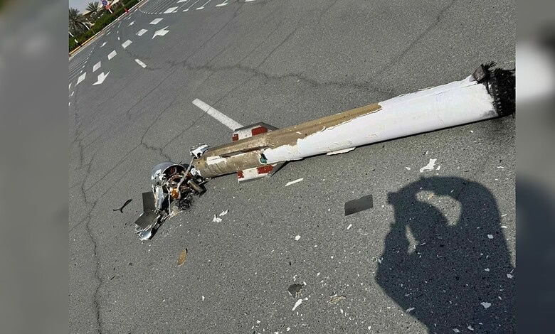 Intercepted missile debris lying on a road in the UAE.