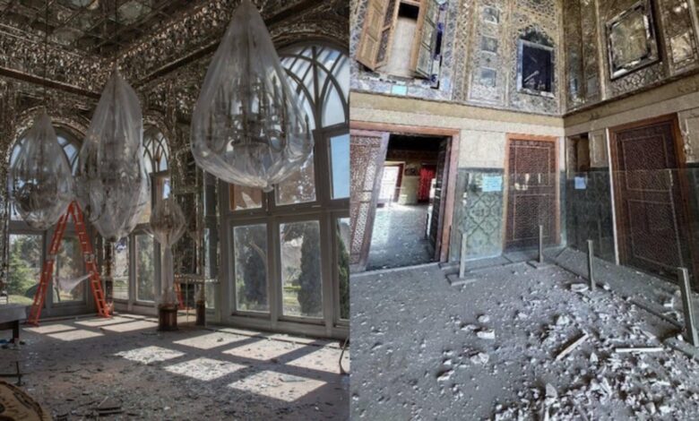 Interior of Golestan Palace in Tehran showing shattered glass, debris and damaged mirror work following US-Israeli airstrikes.