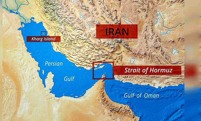 Map showing Iran and the Strait of Hormuz connecting the Persian Gulf and Gulf of Oman.