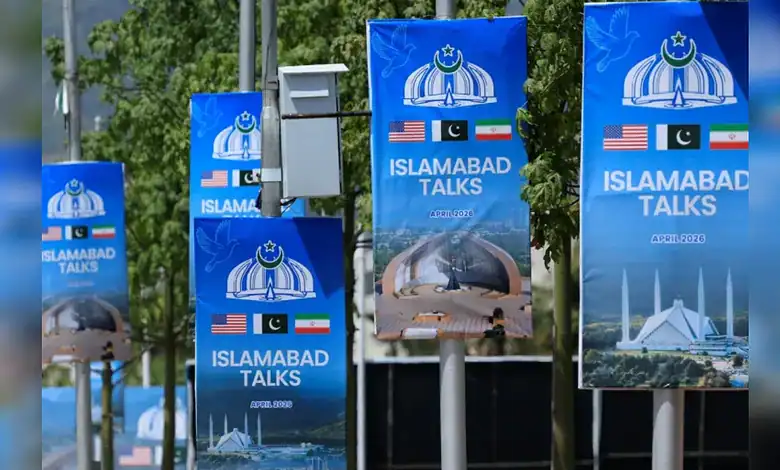 Banners display Pakistan and US flags with "Islamabad Talks" text, highlighting diplomatic discussions on.