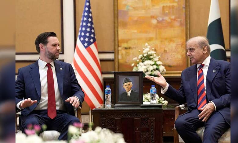 US Vice President JD Vance meets Pakistan PM Shehbaz Sharif during Iran talks in Islamabad, April 2026.