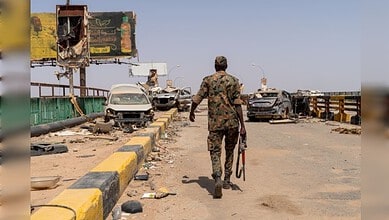 Child victims amid destruction from unexploded ordnance in Khartoum, Sudan.