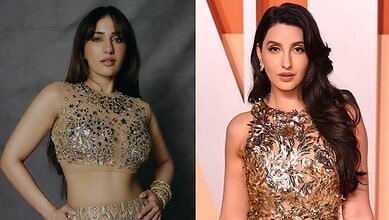Kusha Kapila in a glamorous outfit with intricate gold and silver embellishments, resembling Nora Fatehi’.