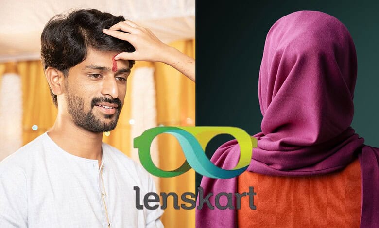Image shows Two people representing diverse backgrounds pose alongside the Lenskart logo.