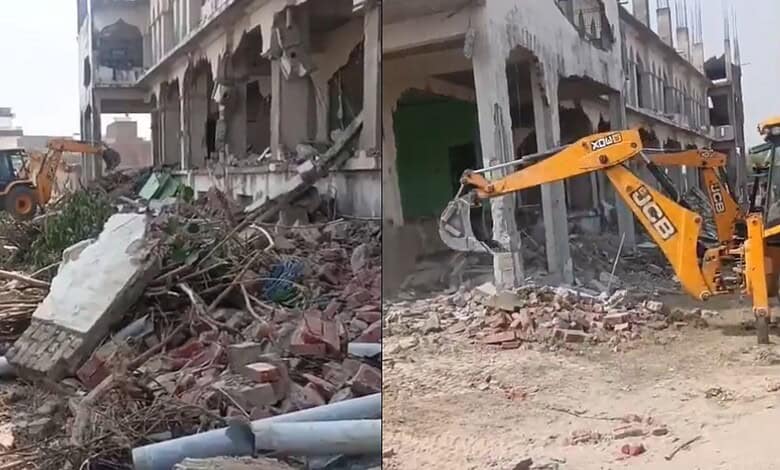 Demolition of illegal madrassa in UP connected to UK-based Islamic preacher, following government action.