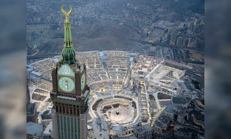 Aerial view of Makkah with the Grand Mosque and Abraj Al Bait Clock Tower surrounded by pilgrims.
