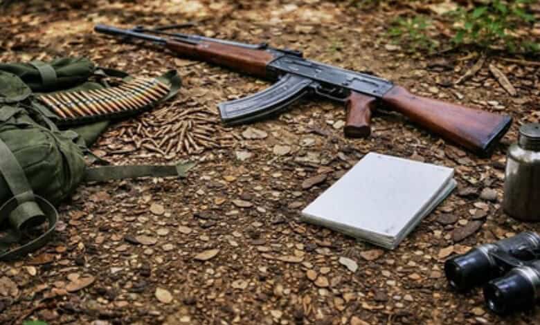 Gun and binoculars on forest ground, symbolising peace efforts in Maoist-affected areas.