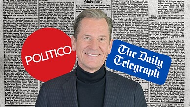 Mathias Dopfner pictured between Politico and The Daily Telegraph logos
