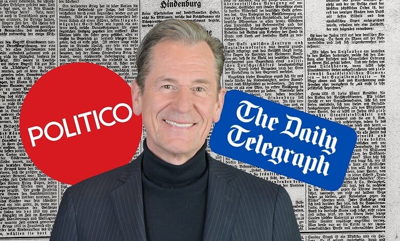 Mathias Dopfner pictured between Politico and The Daily Telegraph logos