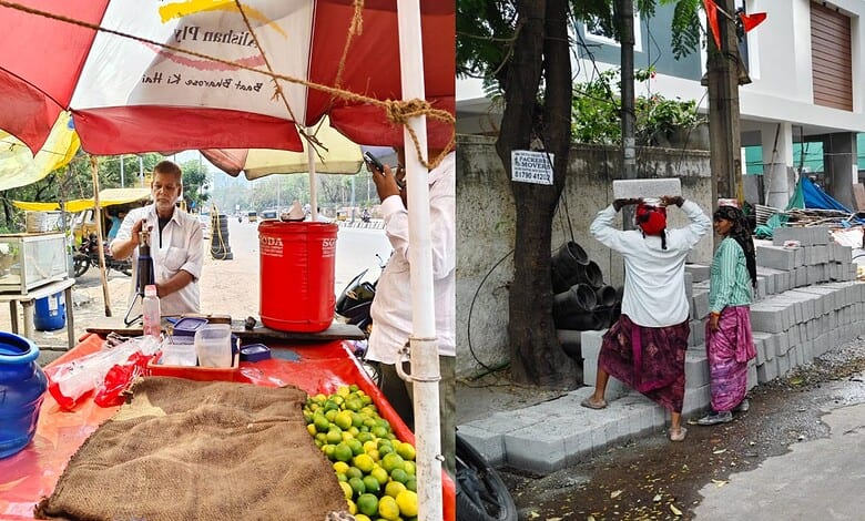 Migrant workers undeterred by the rising summer temperatures in Hyderabad.