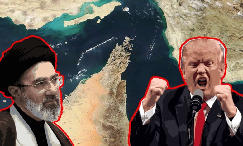 Mojtaba Khamenei and Donald Trump against Strait of Hormuz backdrop.