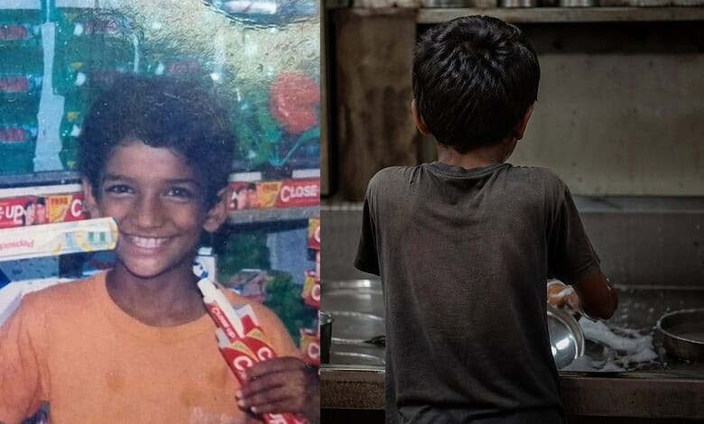 Child washing utensils in a kitchen, representing a journey from washing dishes to becoming a comedy star.