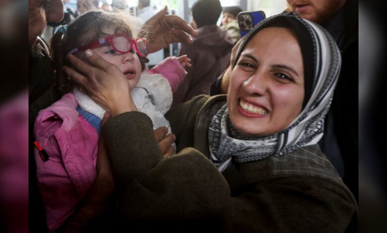 Palestinian mother reunites with daughter returned from Egypt at Nasser Hospital.