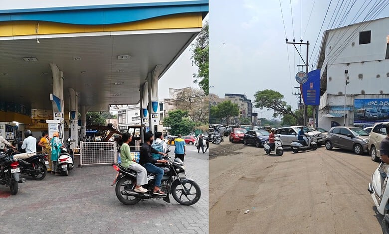Fuel station in Hyderabad with long queues and out-of-stock signs, reflecting panic buying at petrol bunk.