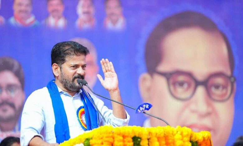 Telangana Chief Minister speaking at a political rally, advocating for increased LS seats in South India.