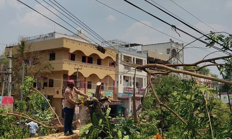 Fallen tree branches and power lines caused by unseasonal rain, leading to power outages and water supply disruptions in Hyderabad.
