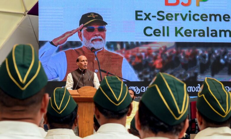 Defence Minister Rajnath Singh during the Sainik Samman Sammelan, in Thiruvananthapuram, Thursday, April 2, 2026. (PTI Photo)
