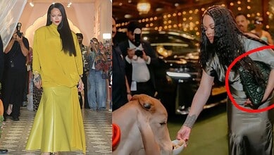 Rihanna feeding a calf at an event, carrying a calfskin bag, sparking controversy over animal rights and.