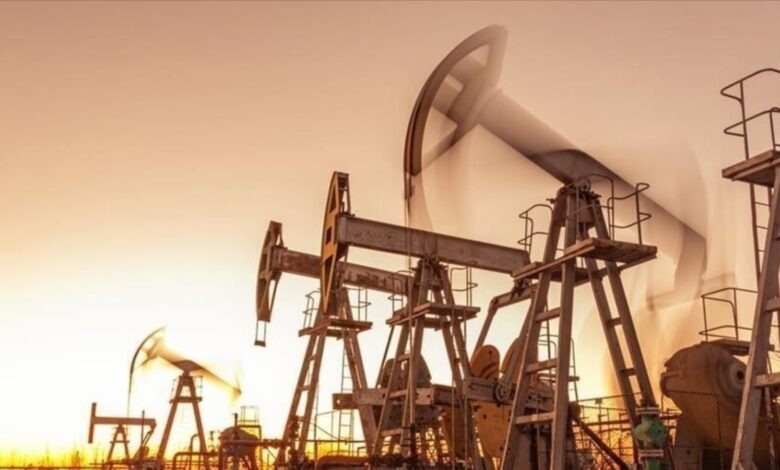 Oil pumpjacks operating at sunset, symbolising crude production and energy supply.