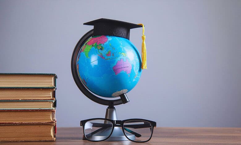 Globe with graduation cap and glasses on a desk, symbolising education and international scholarships.