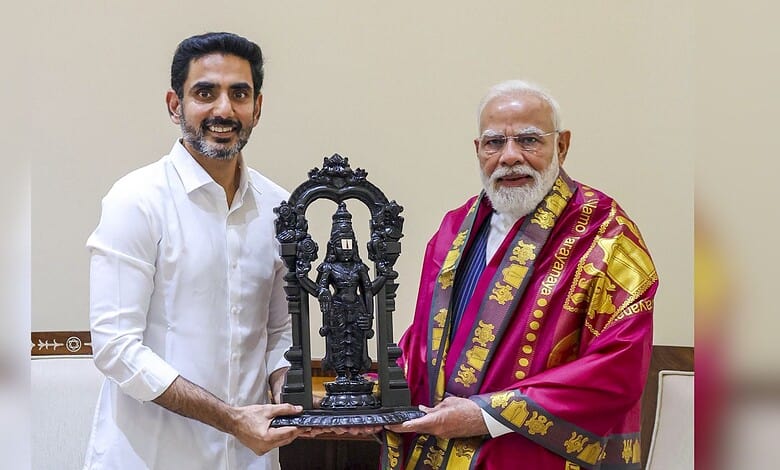 Nara Lokesh with Prime Minister Narendra Modi during TDP event in Andhra Pradesh.