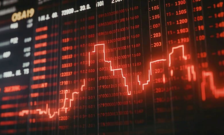Stock market decline with red downward trend line and financial data display.