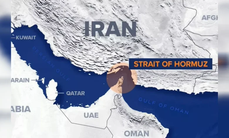 Map showing Iran and neighbouring Gulf countries with the Strait of Hormuz highlighted.